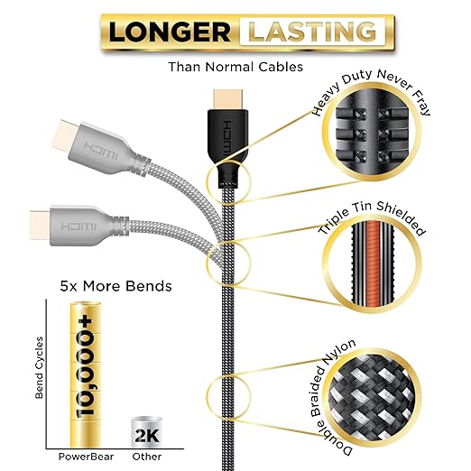 PowerBear 4K HDMI Cable 40 ft | High Speed, Braided Nylon & Gold Connectors, 4K @ 60Hz, Ultra HD, 2K, 1080P, ARC & CL3 Rated | for Laptop, Monitor, PS5, PS4, Xbox One, Fire TV, Apple TV & More