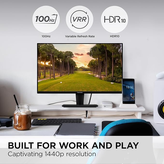 ViewSonic VS2725-2K 27 Inch QHD 1440p Monitor with 100Hz, HDMI, DisplayPort, and Variable Refresh Rate for Home and Office