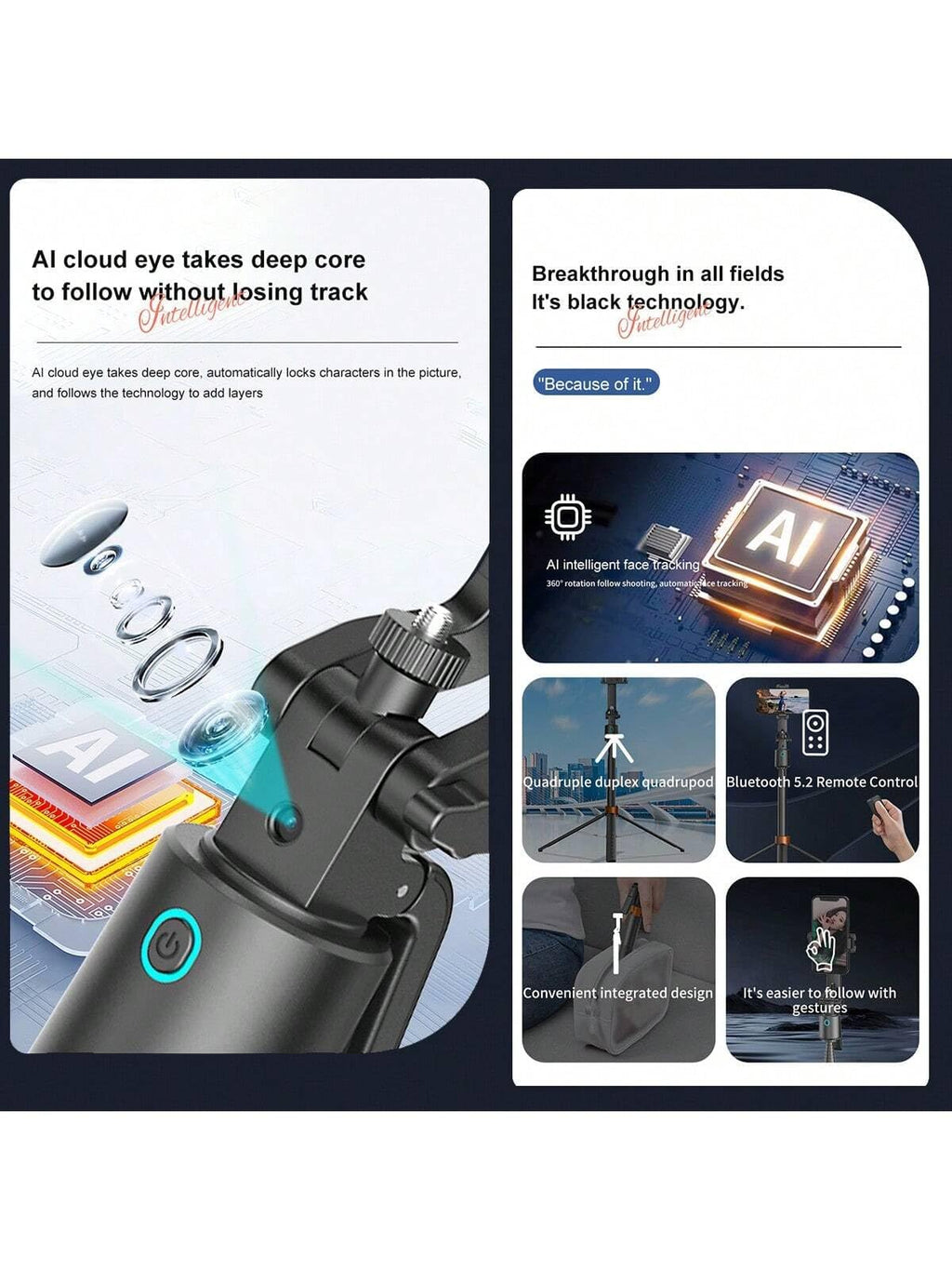 Auto Face Tracking Phone Holder, 360° Rotation Phone Tripod with Wireless Remote and Phone Holder, Selfie Stick Tripod for iPhone、Android Phone, Applied to YouTube, Vlog/TIK Tok