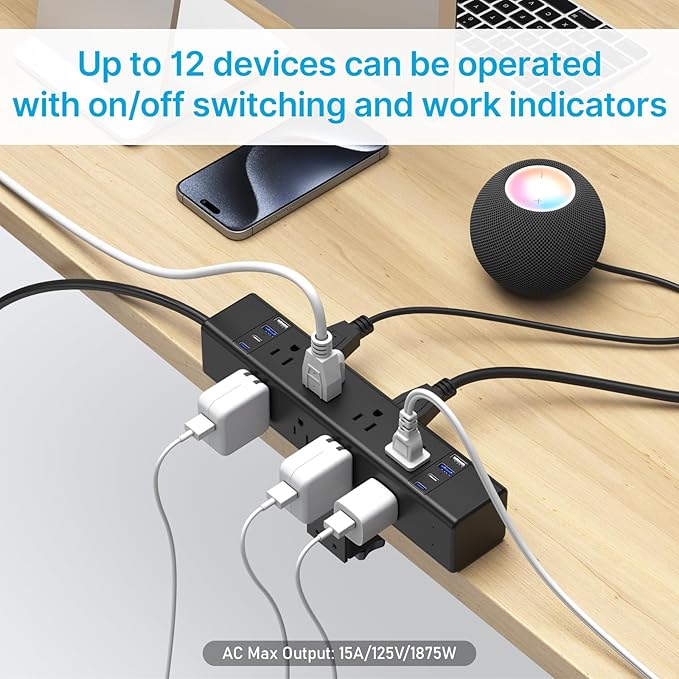 CCCEI Desk Outlet Station 45W USB C Port. 12 Outlet Desktop Clamp Power Strip Surge Protector 4800J with Switch. Nightstand Office Standing Desk Accessories, Fit Thicker Table Edge or Screw Mount, 6FT