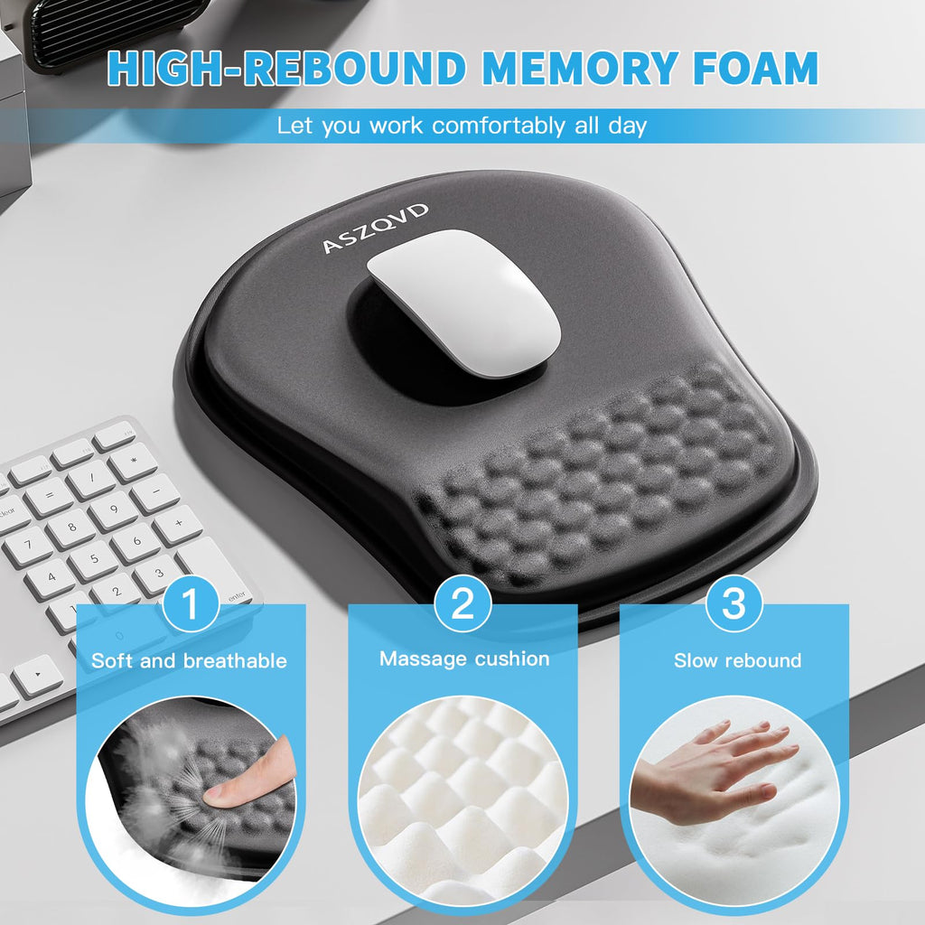 Aszqvd Mouse Pad with Wrist Rest, Ergonomic Mousepads with Wrist Support, Soft Lycra Fabric Memory Foam Office Desk Accessories for Comfort/Pain Relief/PC Gaming/Computer/Laptop (Black)