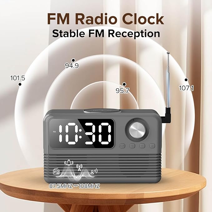 15W Fast Wireless Charger with Bluetooth Speaker and Alarm Clock Radio,4 in1 Wireless Charging Station for iPhone,Android Phones with FM Radio for Bedroom