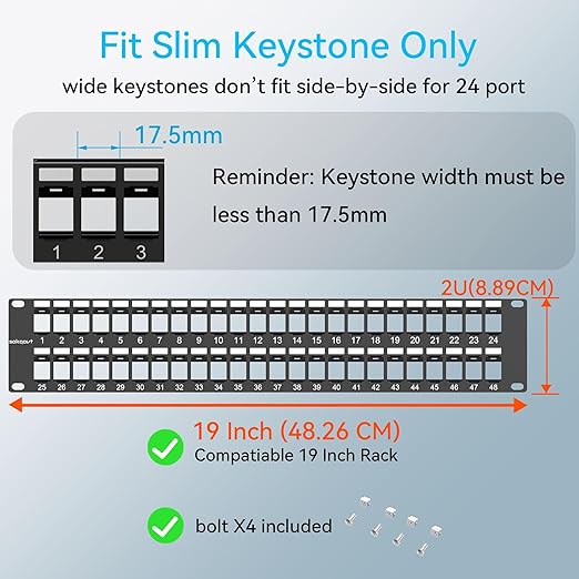 48 Port Blank Keystone Patch Panel with Snap-in Design, Cat6 Network Patch Panel 2U 19 inch, Rack Mount Ethernet Patch Panel (for Slim Keystone Only)