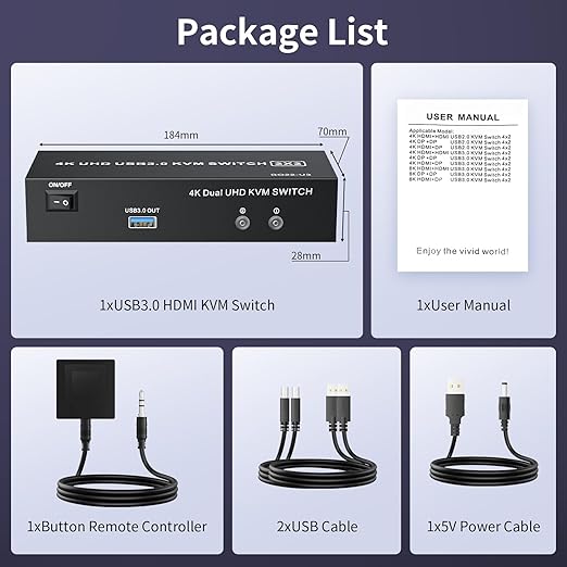 HDMI KVM Switch 2 Monitors 2 Computers 4K@60Hz USB 3.0 KVM Switcher Share Dual Monitor Extended Copy Display and 3 USB Devices Keyboard Mouse