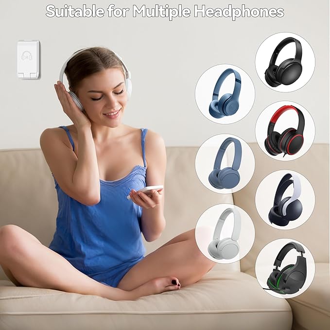 Headphone Stand, Wall Mount Headset Hanger, Gaming Headphone Holder Hook Clip, Foldable Headset Stand Desk Holder for PC Earphone Accessories, White(1 Pack)
