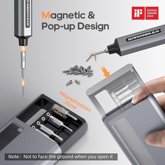 AM ARROWMAX Mini Electric Screwdriver, 4 Torque Settings Precision Screwdriver w/ 34 Magnetic Bits, Magnetic Storage, 5/32''Hex, Repair Tool Set for Phone Camera Laptop Watch (SES) Gray
