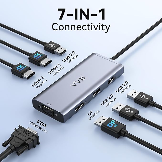 USB C to Dual HDMI Adapter,USB C Docking Station Dual Monitor Adapter for Dell/HP/Lenovo Laptop,iPhone 15,USB C Hub Dongle Multi Monitors Adapter with 2 HDMI Ports+Displayport DP Port+VGA+3 USB
