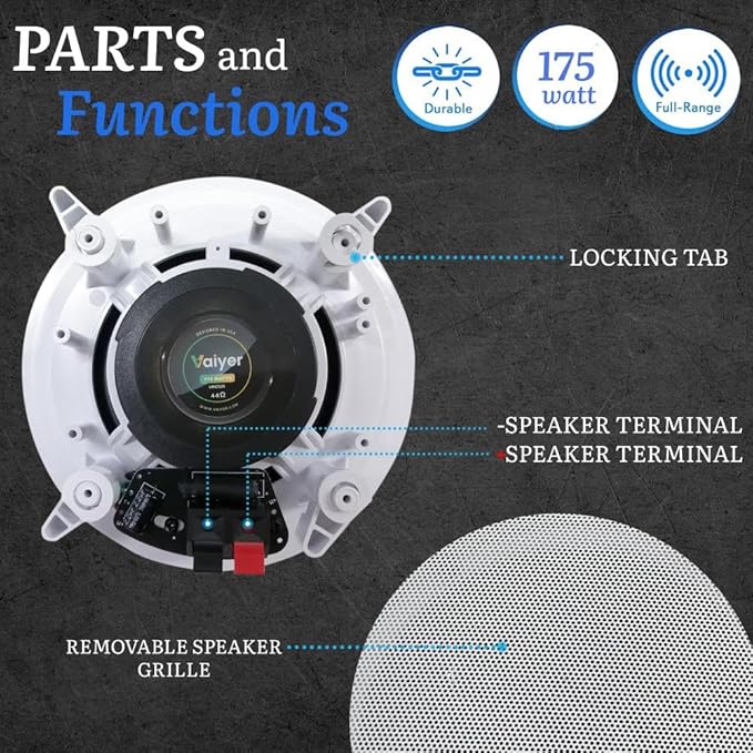 Vaiyer Home Audio System Kit, 6-Channel 6000 Watts Bluetooth Amplifier with 5.25" 10 QTY of 175 W Each in-Wall in-Ceiling Speakers & 16AWG 500 ft. Speaker Wire - Perfect for Home, Office, Restaurants