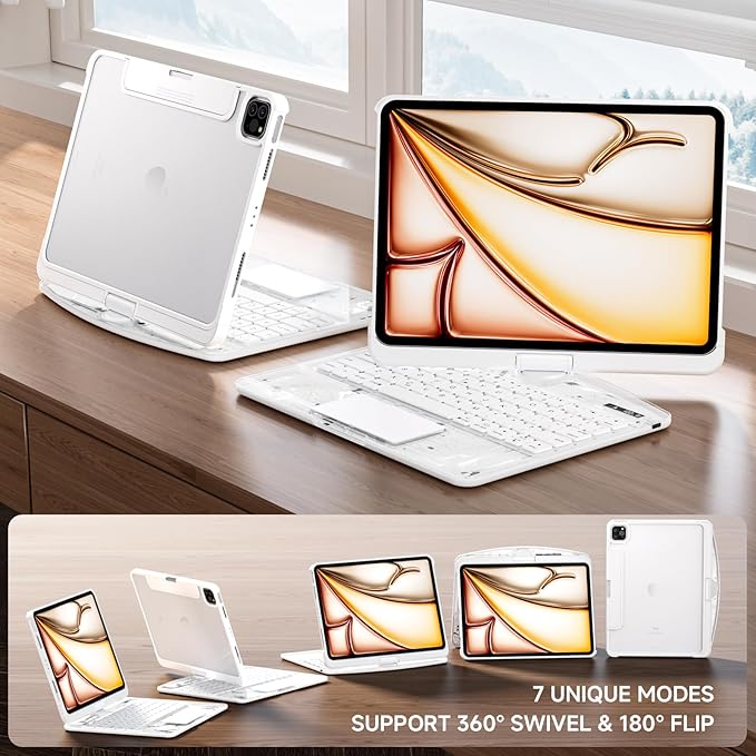 Transparent Case with Keyboard for 2024 iPad Pro 11-inch (M4),with 7-Color Backlit Wireless Keyboard, 360°Rotatable Protective Case Multi-Touch Trackpad,with Pencil Holder,with Shortcuts,White