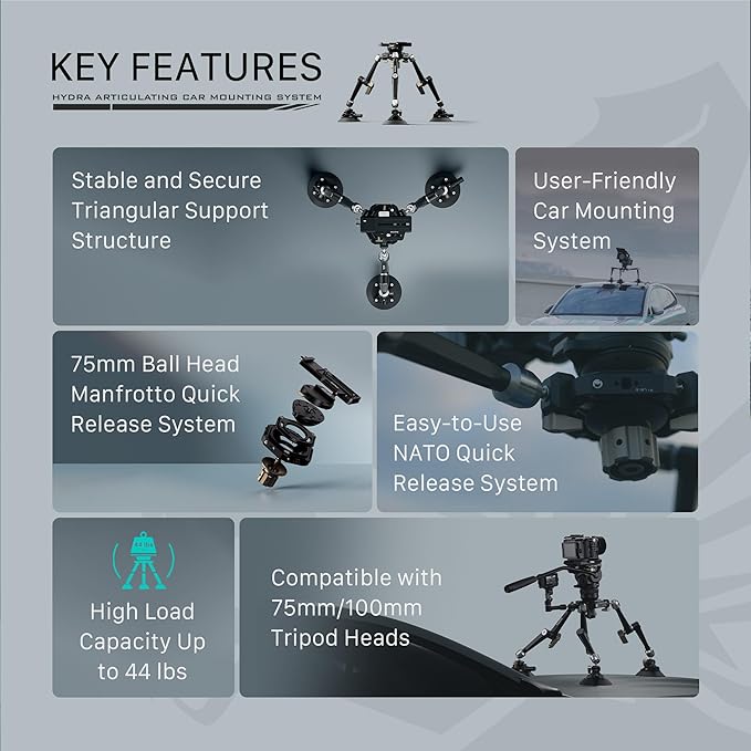 Tilta Hydra Articulating Car Mounting System | Supports 75mm & 100mm Tripod Heads | Heavy Duty | Mount via Manfrotto & Arca | Optional Electronic Suction Cups | Stable & Secure