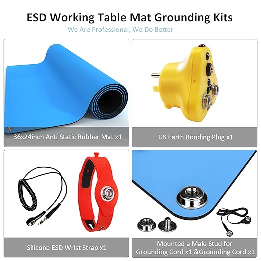 KooMall 36 x 24 Inch ESD Rubber Mat Kits, Anti Static Table Floor Pad for Electronic Device Repair Solder Assembly PC Building, W/H Grounding Kit- Antistatic Wrist Straps Bracelets Cord Plugs, Blue