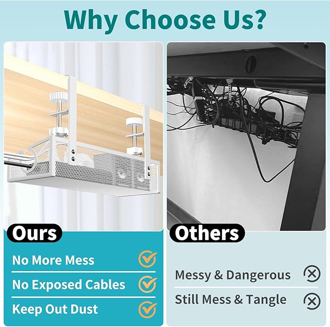 Under Desk Cable Tray White, No Drill Cable Organizer with Clamp for Wire Management, PC Cord Organizer & Workspace Accessories for Office, Home