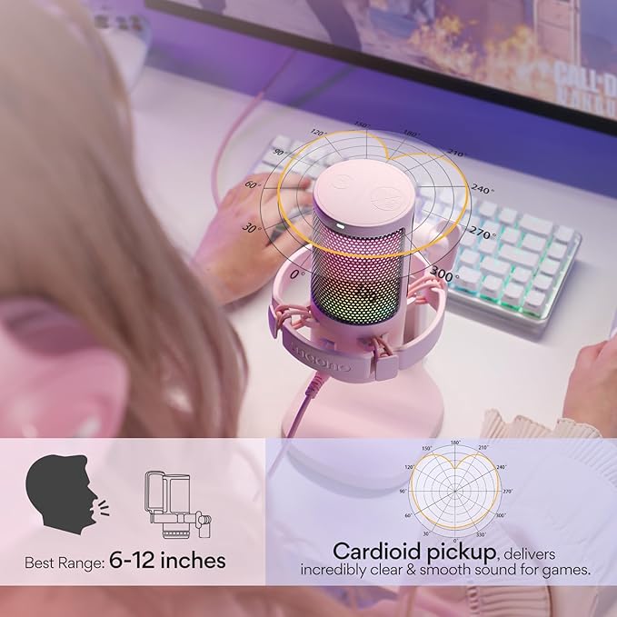 MAONO Gaming Microphone with Noise Cancellation, USB Condenser Mic for Streaming, Podcast, Twitch, YouTube, Discord, PC Desktop Computer Mic for PS5, GamerWave DGM20 Pink