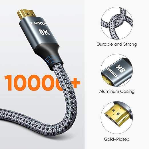 ARISKEEN 8K HDMI Cable 15 FT, 48Gbps High Speed HDMI 2.1 Cable, 8K 60Hz, 4K 120Hz 144Hz Braided HDMI Cord - 15 Feet
