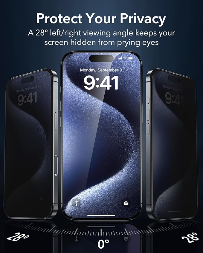 ESR 3 Pack 9H+ Glass for iPhone 15 Pro Privacy Screen Protector, [Military Grade Shatterproof & Longest Durable] Armorite Anti-spy Tempered Glass with UltraFit Tray