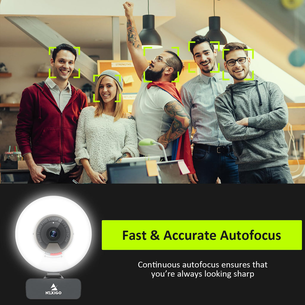 NexiGo N960E 1080P 60FPS Webcam with Light, Software Included, Fast AutoFocus, Built-in Privacy Cover, USB Web Camera, Dual Stereo Microphone, for Zoom Meeting Skype Teams Twitch