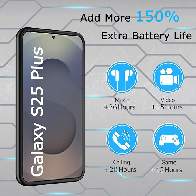Battery Case for Galaxy S25 Plus, [12000mAh] Slim Portable Protective Fast Charging Case Backup Power Bank Battery Case Compatible with Galaxy S25 Plus-6.7 inch-Black