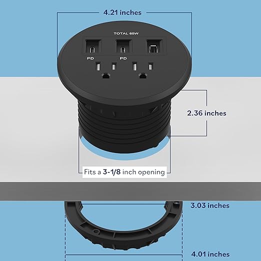 LIDER PD 65W GaN Technology Desktop Power Grommet, Power Delivery, USB-A and 2 USB-C Ports, Tamper-Resistant Receptacles, Self-Close Cover, Desk Charging Station, Black, 6.5ft Cord, ETL Listed