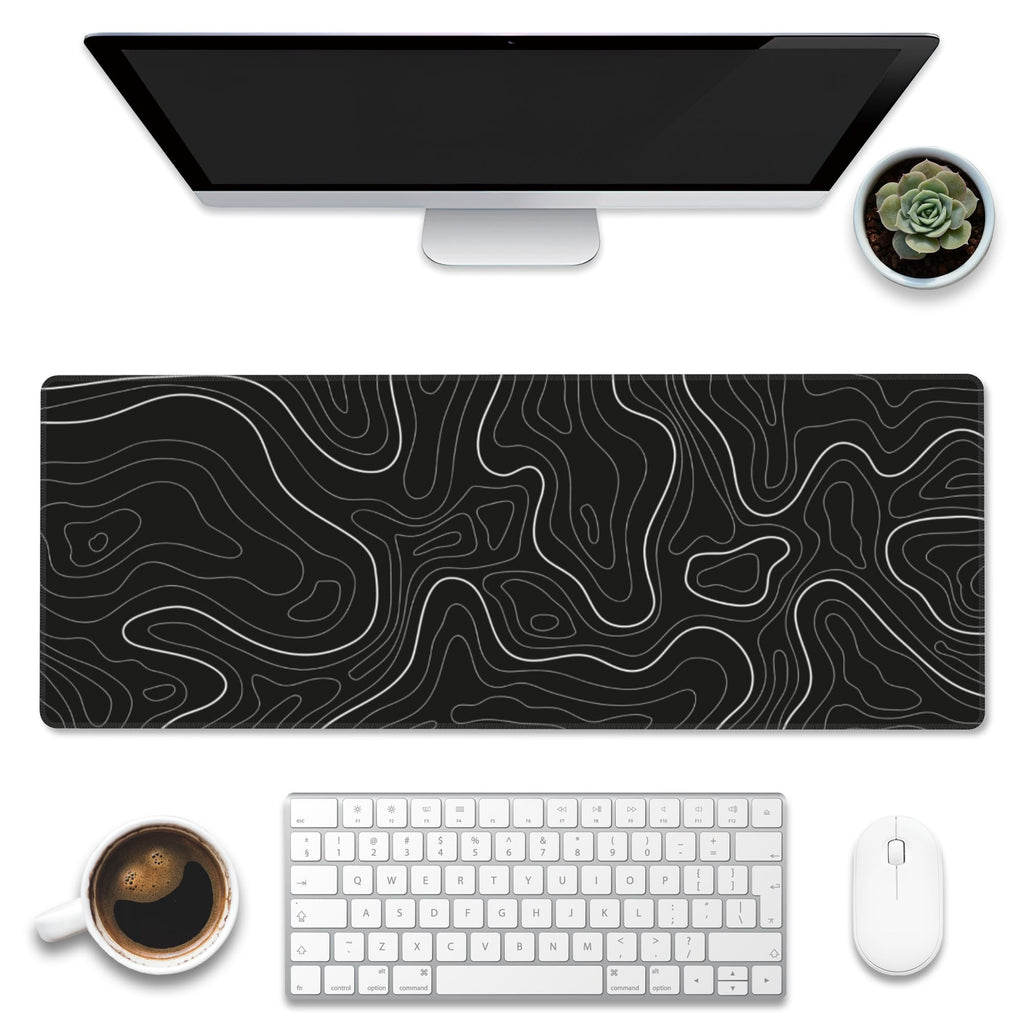 Eflxamz Desk Mat,Black Topographic Contour Map Desk Pad,Topographic Contour Large Gaming Mouse Pad for Desk,Extended Big Computer Keyboard Mouse Pad with Non-Slip Base and Stitched Edge,31.5"x11.8"
