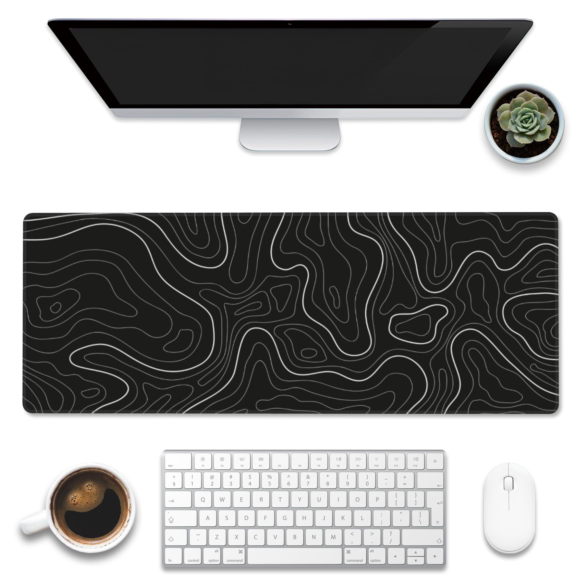 Eflxamz Desk Mat,Black Topographic Contour Map Desk Pad,Topographic Contour Large Gaming Mouse Pad for Desk,Extended Big Computer Keyboard Mouse Pad with Non-Slip Base and Stitched Edge,31.5"x11.8"