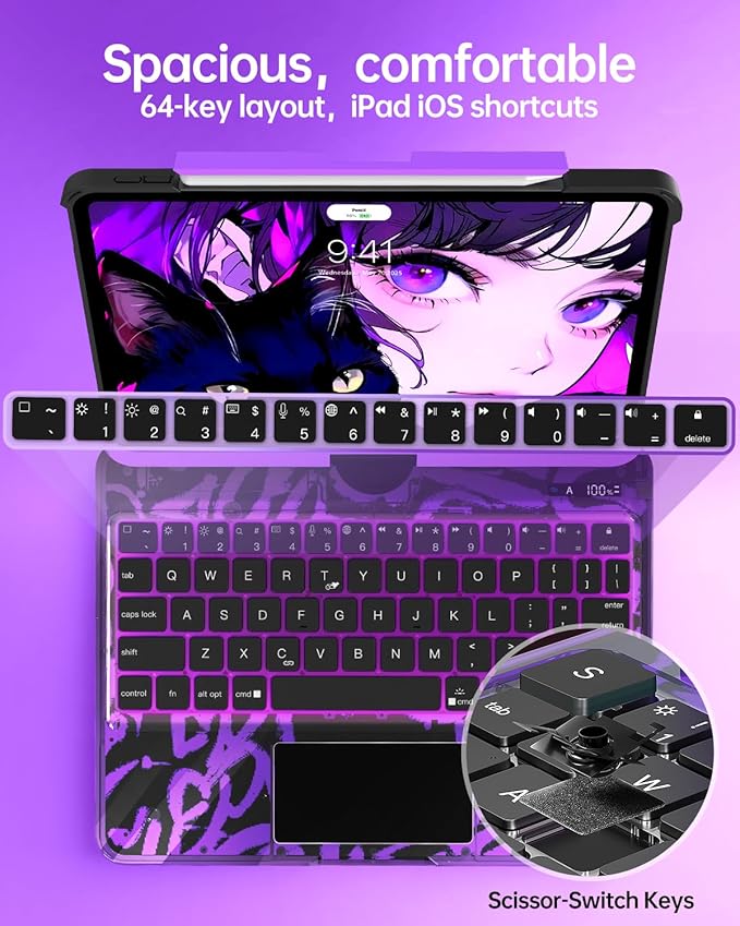 Intermerge Clear Keyboard Case for iPad Air 13" (M3/M2, 2025/2024) & Pro 12.9" (2022-2018) - 360° Rotatable Trackpad, RGB Backlit Keyboard, Pencil Holder, Power Indicator, Type-C, Neon Pulse