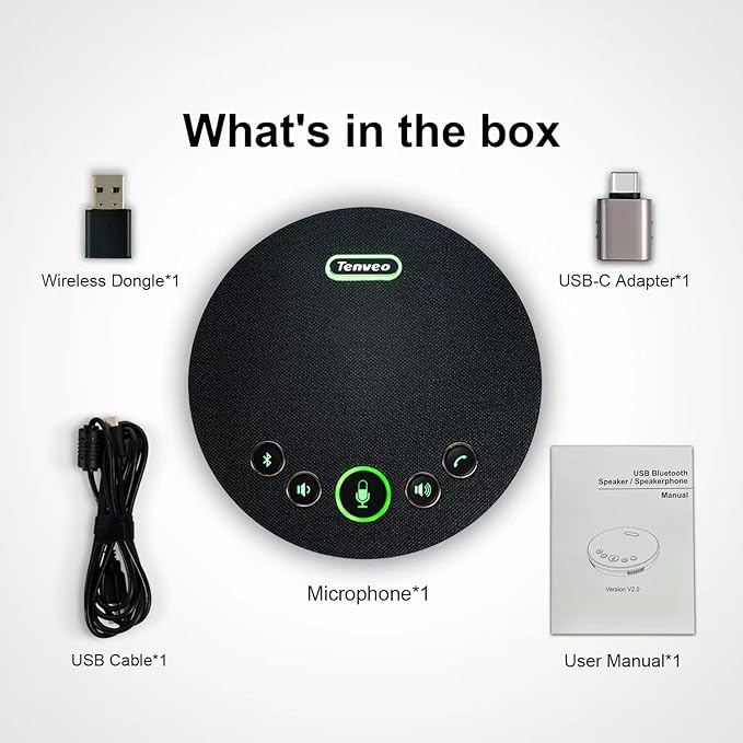 Tenveo Conference Speaker Microphone, Bluetooth/Dongle/USB Connectivity, 360° Sound Pickup and AI Noise Reduction, Compatible with Zoom, Teams, OBS, Supports 10-12 People for 8 Hours of Talk Time