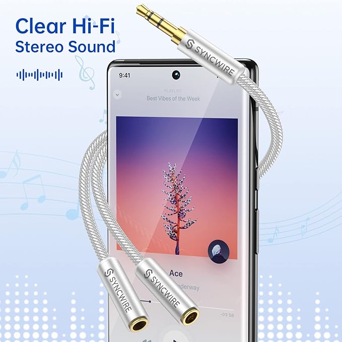 SYNCWIRE Headphone Splitter, Nylon-Braided 3.5mm Extension Cable Audio Stereo Y Splitter (Hi-Fi Sound), 3.5mm Male to 2 Ports 3.5mm Female Headset Splitter for Apple, Samsung & More (No Mic) - Silver