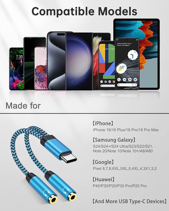 Headphone Splitter for 2 Headphones, USB C to Dual 3.5mm Female Aux Splitters for iPhone 17 17 Pro Max 16e, Google Pixel 10, Samsung Galaxy S25 Ultra, Audio Jack Adapter Earphone Connector - Blue