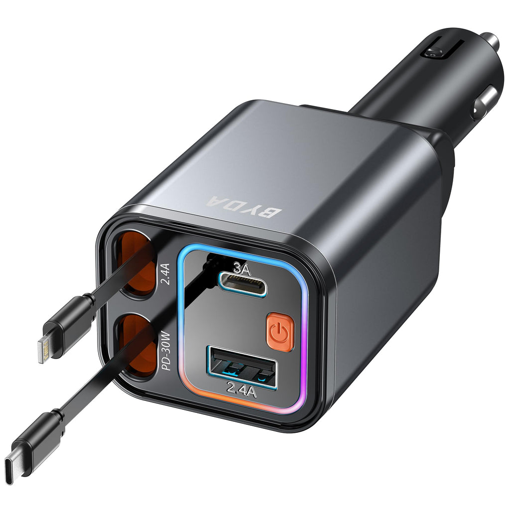 4 in 1 Retractable Car Charger,69W USB-C Fast Car Charger, for iPhone 17/16/15/14/13/12/11, Android,Pixel,Cigarette Lighter Charger (for Type C+Lightn-ing)