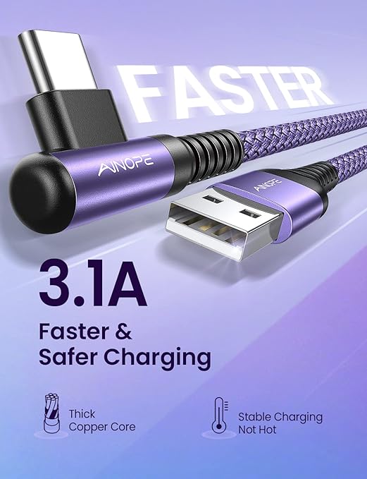 AINOPE 4-Pack [10/6.6/3.3/3.3ft] USB C Cable, 3.1A C Charger Cable Fast Charging, Right Angle Type C Charger Nylon Braided Compatible with Galaxy S10 S9 S8 Plus S21 S20, Note 10 9 8, LG Google Pixel