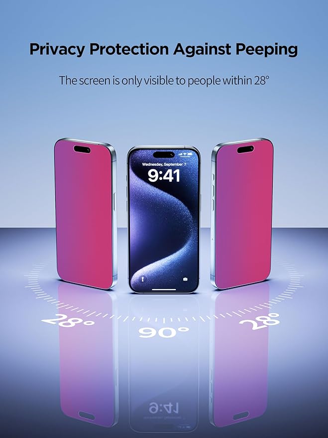 Compatible for iPhone 15 Plus Privacy Screen Protector Tempered Glass 6.7 Inch, Pink Gradient Anti Spy Anti Blue Light HD Easy Installation