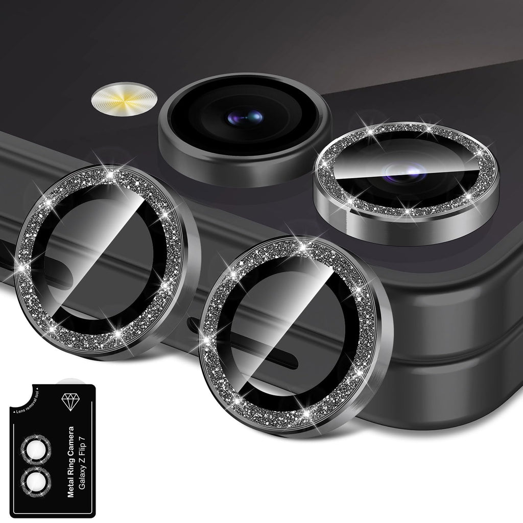 Avocase for Samsung Galaxy Z Flip 7 Camera Lens Protector, Individual Metal Ring Tempered Glass Lens Cover, [Strong Adsorption] Scratch Resistant Ultra-Thin HD Clear Lens Cover, 1 Set-Black Sparkly