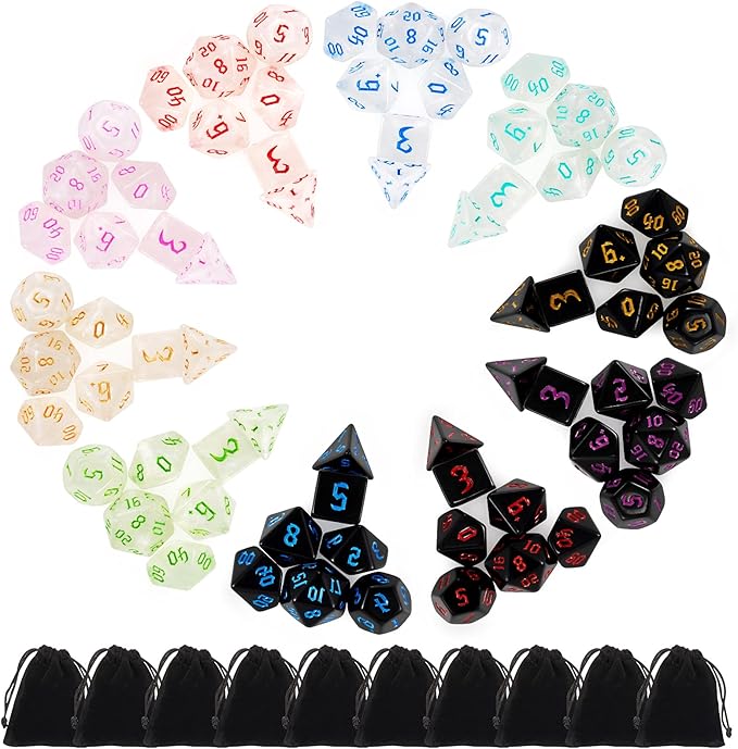DND Dice, 10 X 7 (70 Pieces) Polyhedral Dice Set for Dungeons and Dragons DND RPG MTG Table Games D4 D6 D8 D10 D% D12 D20 with 10 Pack Black Bags