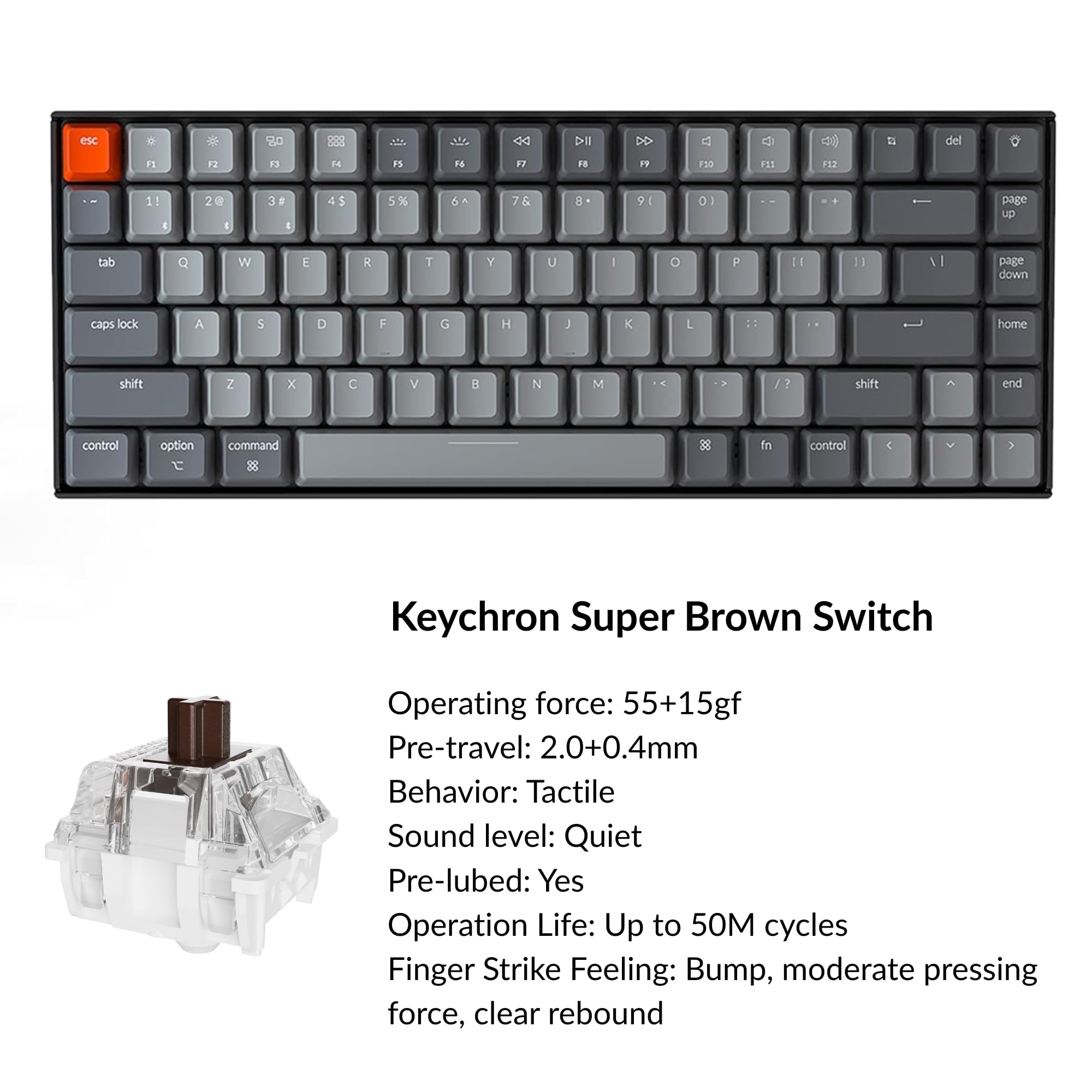 Keychron K2 75% Layout Bluetooth Wireless Mechanical Keyboard Super Switch/White LED Backlit/USB C/Anti Ghosting/N-Key Rollover, 84 Keys Gaming Keyboard for Mac Windows-Version 2