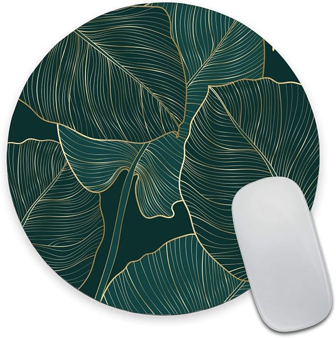 Mouse Pad, Round Computer Mouse Mat with Design, Non-Slip Rubber Base Small Mousepad, Waterproof Office Mouse Pads, Green Tropical Leaves