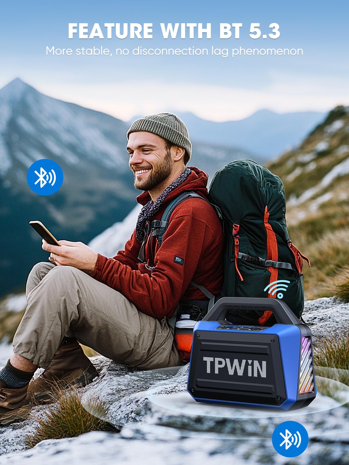 TPWIN Portable Bluetooth Speakers Loud - Wireless Speaker 80W Peak, Light Show, 20H Playtime, Strong Bass, BT 5.3, TWS, IPX6 Waterproof for Outdoor Travel Beach Camping - Blue