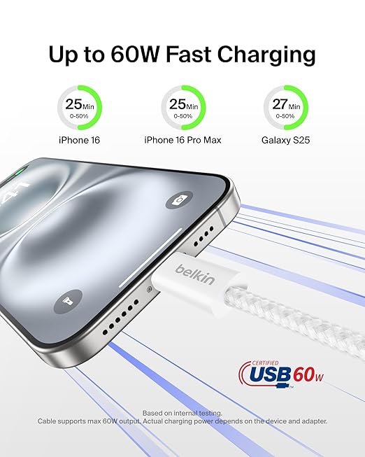 Belkin USB C to USB C Cable 2-Pack, 6.6ft, 60W - Type C Charger, iPhone Charger Cord, Soft, Braided, Flexible for iPhone 16, Galaxy S25, Pixel 9, Airpods, iPad Pro & More, Travel Essentials - White