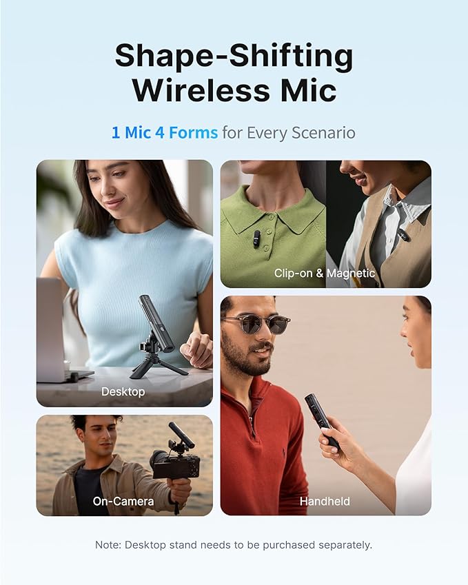 BOYA Magic Wireless Mini Microphones for iPhone 15-16/Android, 4 Form-in-1 Mic, 7g Lightweight, AI Noise Reduction, 48kHz/24bit, APP Control, 328ft Range, Microphone for Recording (Stand not included)