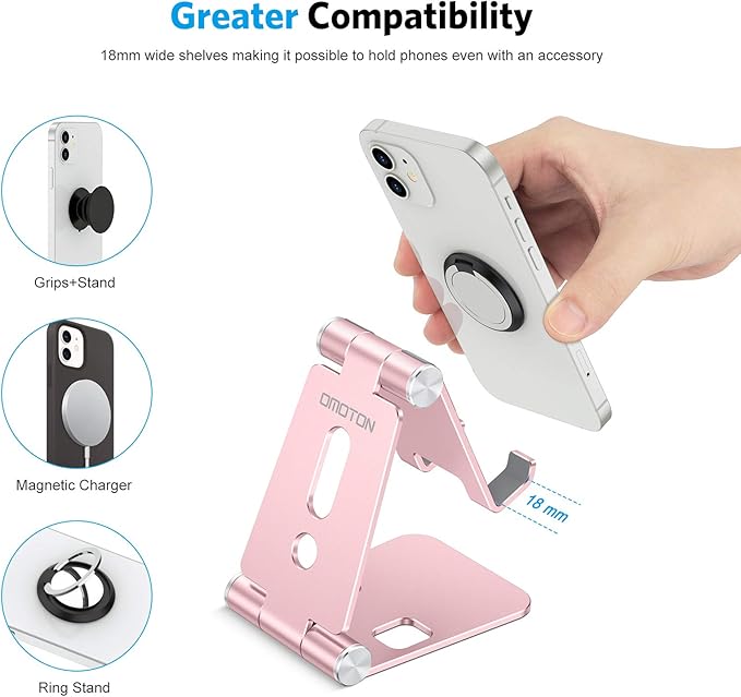 OMOTON Foldable Cell Phone Stand, C4 Portable Aluminum Phone Holder, Adjustable Phone Dock Cradle Compatible with iPhone 16/15/14/13 Pro Max, Samsung Galaxy, Small Tablets, All Smart Phones, Rose Gold