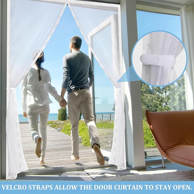 Magnetic Screen Door - Self Sealing, Heavy Duty, Hands Free Mesh Partition Keeps Bugs Out Let Breeze in- Pet and Kid Friendly - Keep Open Feature (White, Fit Door Size 32 x 80 Inch)