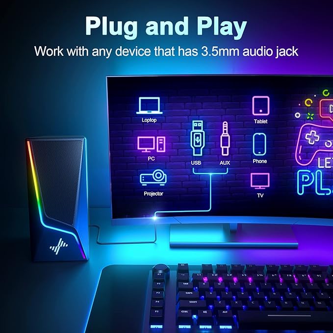 Computer Speakers, PC Speakers with 6 Lighting Modes, USB Powered Computer Speakers for Desktop Monitor with 2 Bass-Boost Ports, 2 Speaker Units, and 3.5mm Aux-in Cable for PC, Laptop, Tablet, Phone