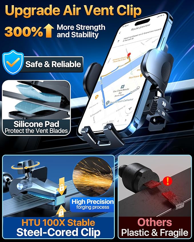 HTU [True Military-Grade] 2025 Upgraded Car Phone Holder 【Safety Certs & No Smell】 Cell Phone Holder for Car Mount for Dashboard Windshield Air Vent Long Arm Thick Case,Black