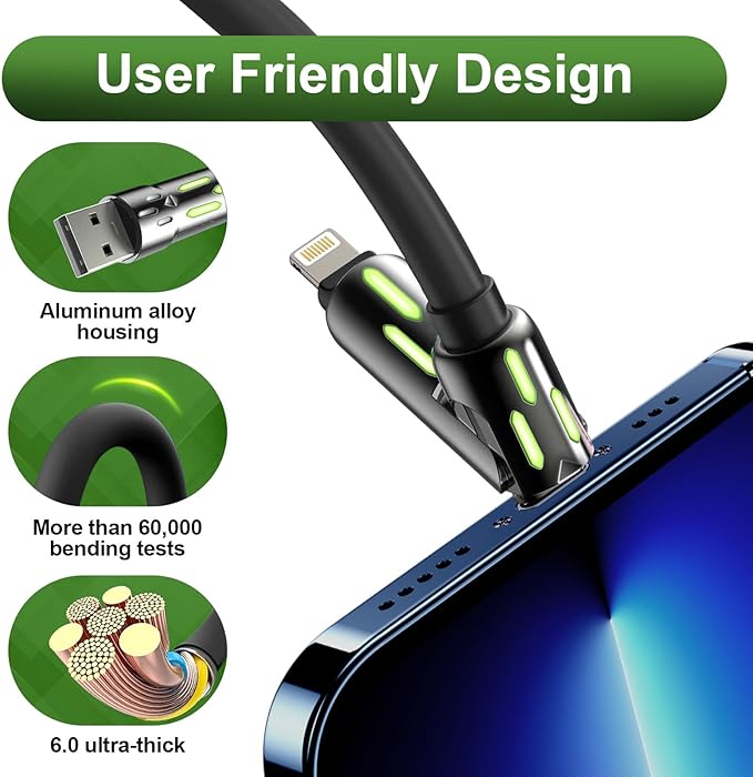 KerrKim 240W 4-in-1 Multi Fast USB Charging Cable with Breathing Light, USB A Type C Lightning Cable for iPhone 16 15 14 13 12 11 Pro Max iPad Samsung Galaxy MacBook iPad Tablets & More (6FT, Black)