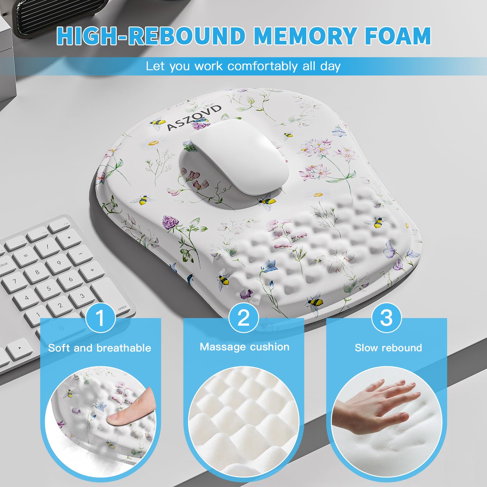 Aszqvd Mouse Pad with Wrist Rest, Ergonomic Mousepads with Wrist Support, Soft Lycra Fabric Memory Foam Office Desk Accessories for Comfort/Pain Relief/PC Gaming/Computer/Laptop (White Wild Plant)