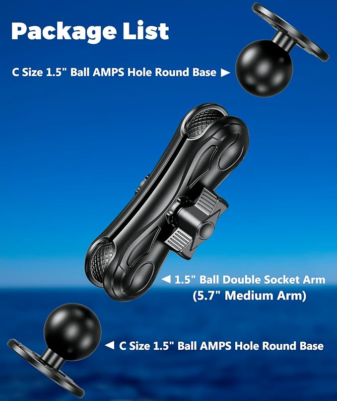 Aluminum Alloy Fish Finder Mount with 1.5" Ball AMPS Hole Round Plates, 5.7" Medium Arm Marine Electronic Mount Tablet Holder for Garmin, Lowrance, Humminbird, Raymarine and More