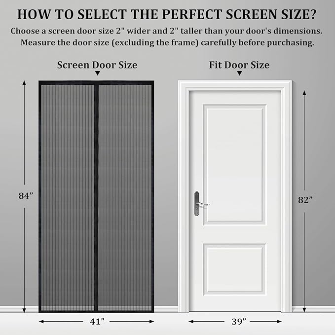 Magnetic Screen Door - Self Sealing, Heavy Duty, Hands Free Mesh Partition Keeps Bugs Out Let Breeze in- Pet and Kid Friendly - Keep Open Feature (Black, Fit Door Size 39 x 82 Inch)