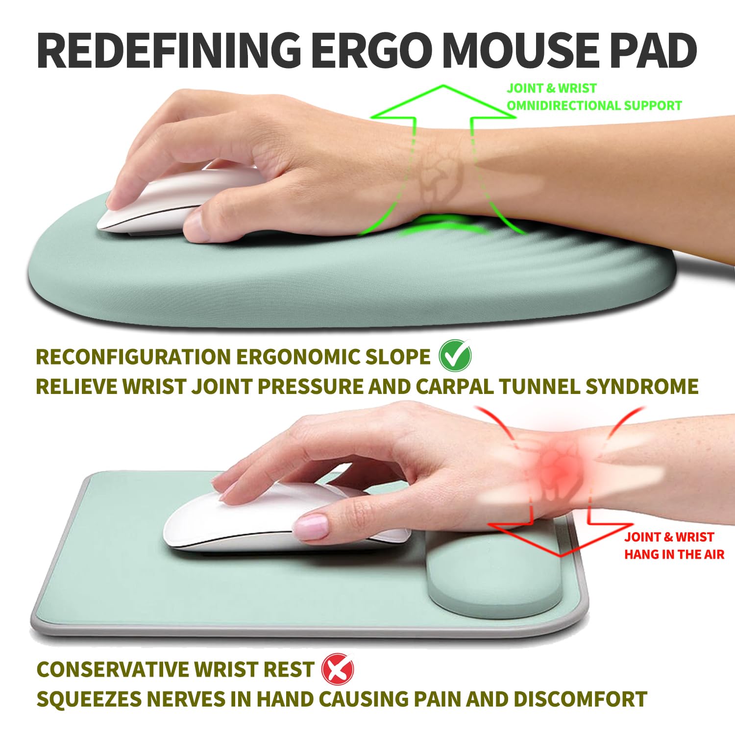 Hokafenle Ergonomic Mouse Pad Wrist Support, Terraced Slope Carpal Tunnel Wrist Pad for Mouse with Unibody Memory Foam, Wrist Rest Pain Relief Mousepad (Light Cyan, 11.8x7.9 in)