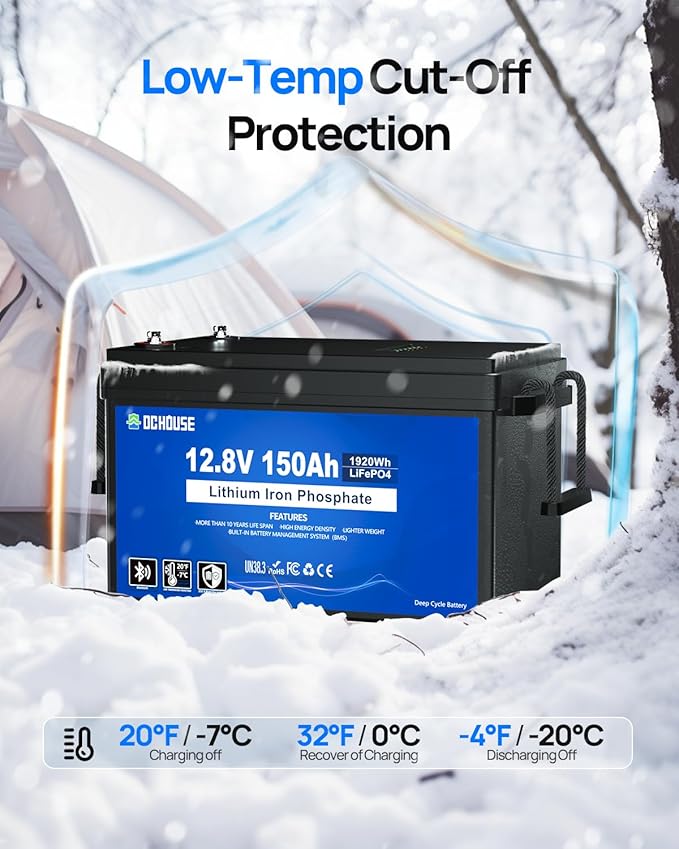 DC HOUSE 12V 150Ah LiFePO4 Lithium Battery with SOC Status Indicators, Bluetooth & Low Temp Cut-off, 12V Lithium Battery up to 15000 Cycles, 120A BMS Perfect for Trolling Motors, Marine, Boat, Solar