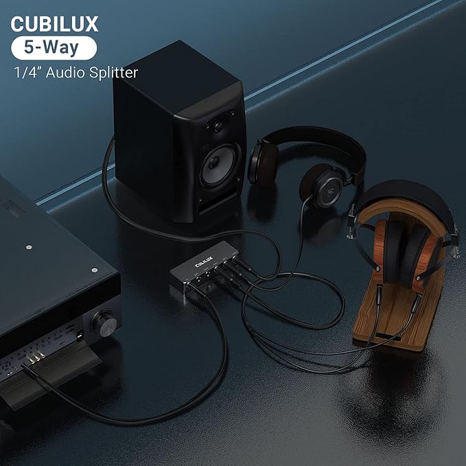 Cubilux Passive 6.35mm Headphones Splitter Box, 1/4” Stereo Multi Audio Distributor, Multiport Quarter Inch TRS TS Aux Splitter for Guitar Signal, Studio Recording, Live Performance, Monitors