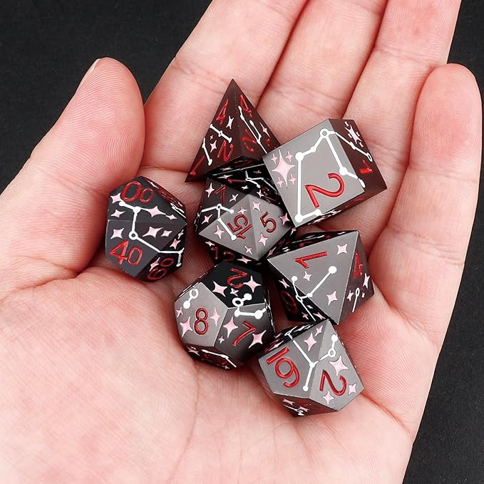 PJOY Metal Dice Set D&D Star Dice Set DND Polyhedral Dice for RPG Role Playing Games Dungeons and Dragons TTRPG Black Red Pink Dice